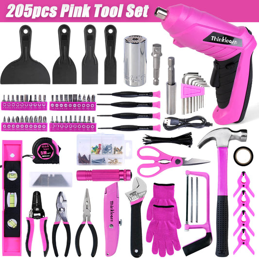 ThinkLearn 205Pcs Pink Tool Set with 3.6V Electric Screwdriver-TL1016